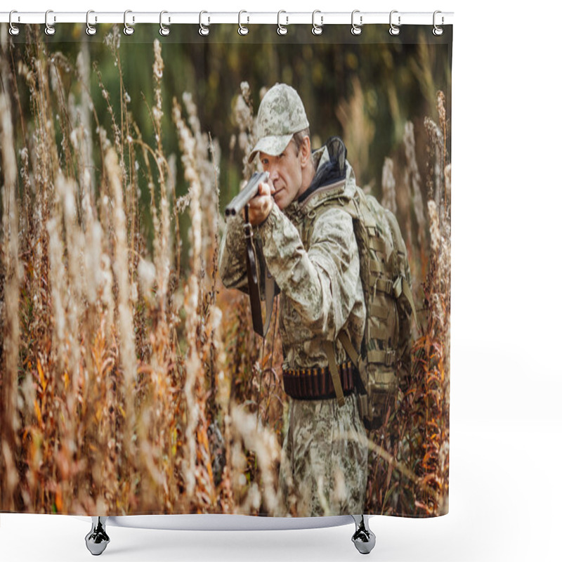 Personality  Man Hunter With Shotgun In Forest Shower Curtains