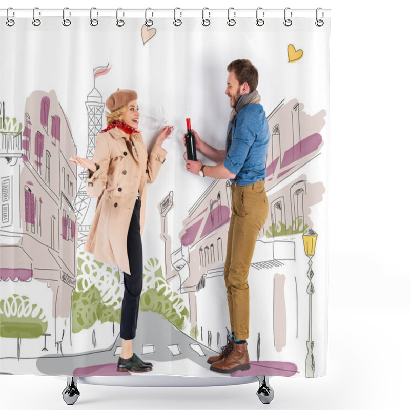 Personality  Happy Elegant Couple Holding Wine Bottle And Glasses With Paris Illustration On Background Shower Curtains