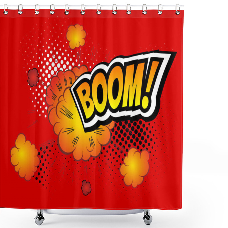 Personality  Boom. Vector Retro Comic Speech Bubble, Cartoon Comics Template. Mock-up Of Book Design Elements. Sound Effects, Colored Halftone Background Shower Curtains