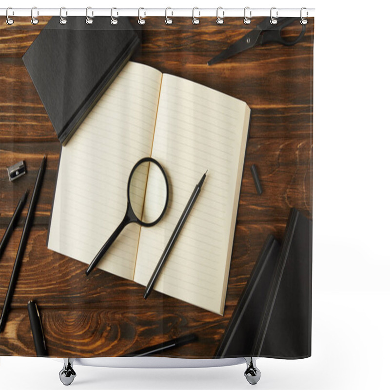 Personality  Top View Of Magnifying Glass, Notebooks And Office Supplies On Wooden Table Shower Curtains