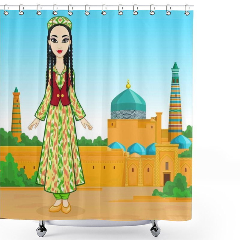 Personality  Animation Portrait Of A Beautiful Girl In Ancient National Clothes And Jewelry. Full Growth. Central Asia. Background - Summer Landscape, Ancient Palace.  Vector Illustration.   Shower Curtains