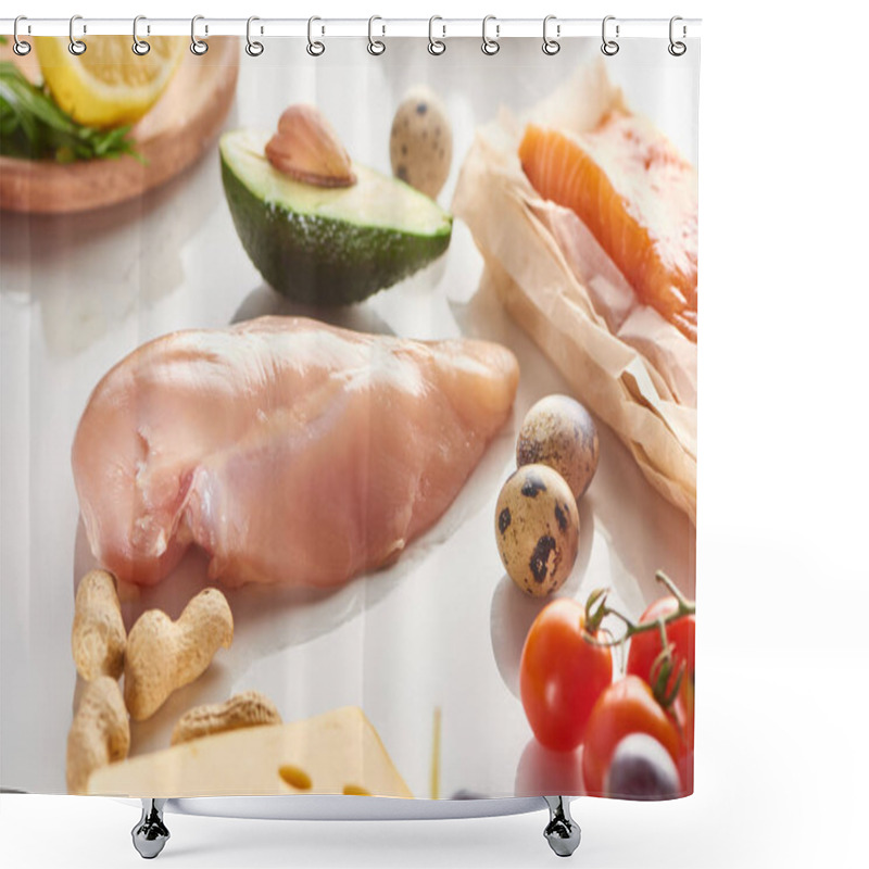 Personality  Close Up View Of Raw Poultry And Salmon Fillet Near Quail Eggs, Peanuts, Tomatoes, Avocado, Lemon And Cheese On White Surface Shower Curtains