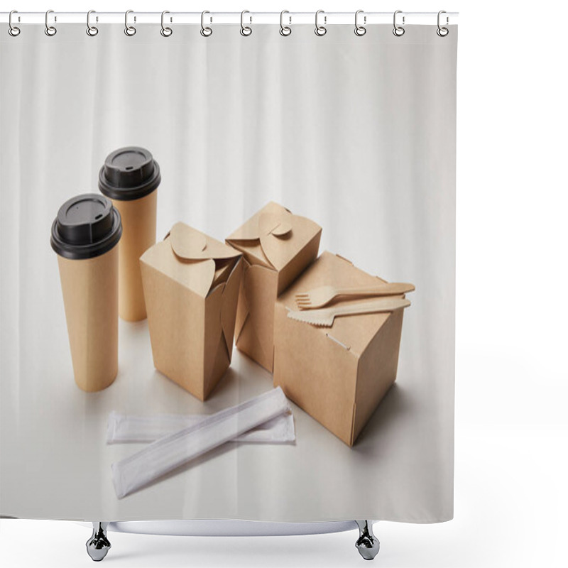 Personality  Disposable Fork With Knife, Chopsticks, Paper Coffee Cups And Cardboard Food Boxes On White Shower Curtains