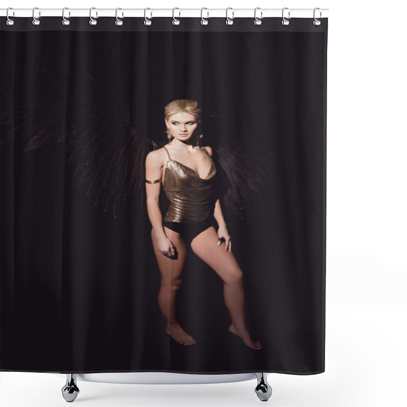 Personality  Beautiful Sexy Woman With Angel Wings And Golden Accessories Posing Isolated On Black Shower Curtains