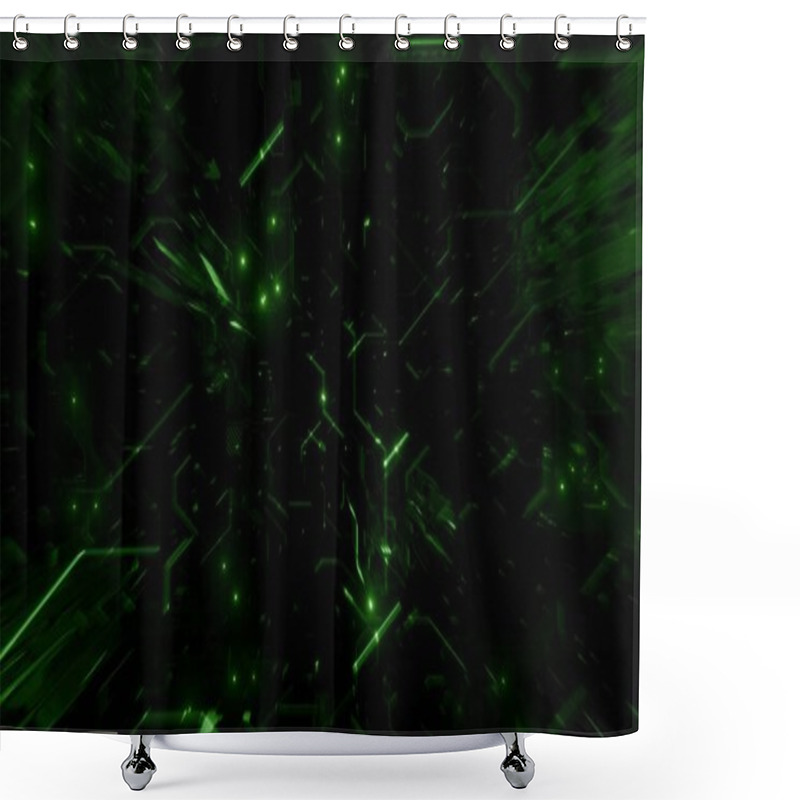 Personality  Green Banner 3D Illustration On Black Background Of Digital Abstract Space, Depicting Simulated Big Data And AI-crypto Blockchain Concepts In A Geometrical Design. Shower Curtains