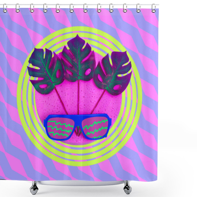 Personality   Sunglasses In Tropical Composition. Minimal Fashion Flat Lay Ar Shower Curtains