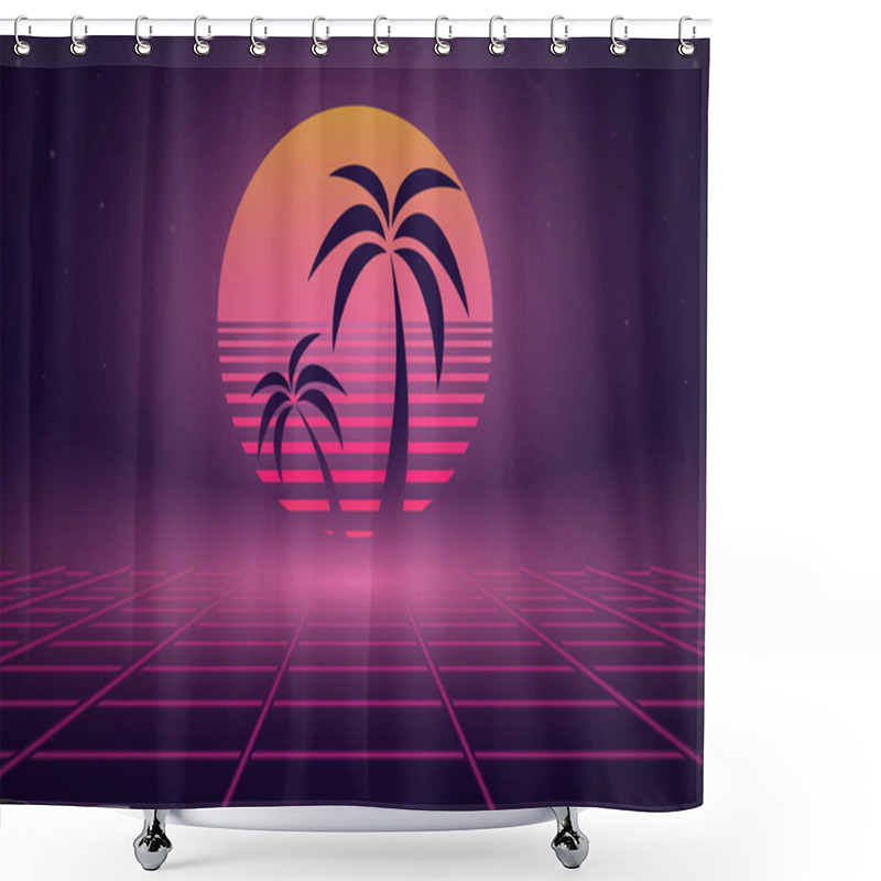 Personality   80s Retro Wave Neon Landscape With Palm Trees. Vector Image. Shower Curtains