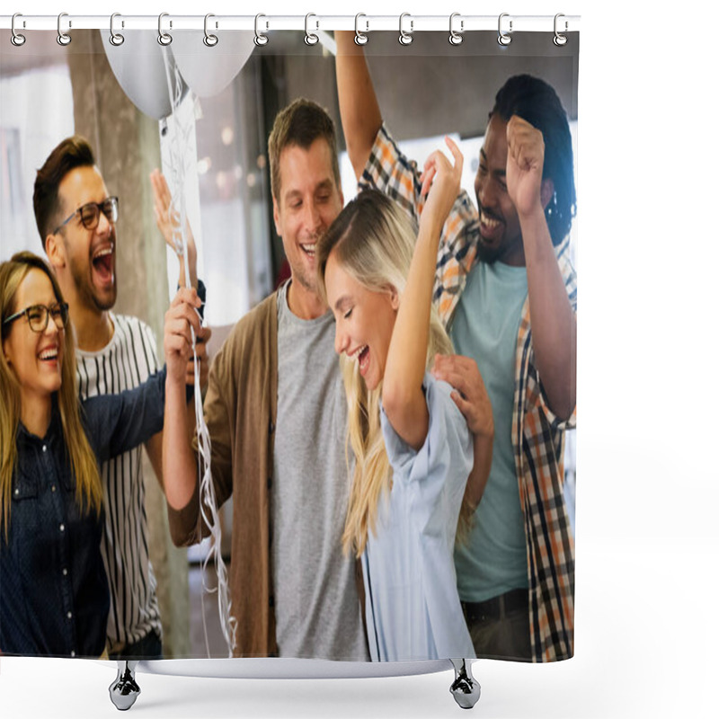 Personality  Happy Multiracial Young Group Of Business People Having Fun While Celebrating On Surprise Party In The Office. Shower Curtains