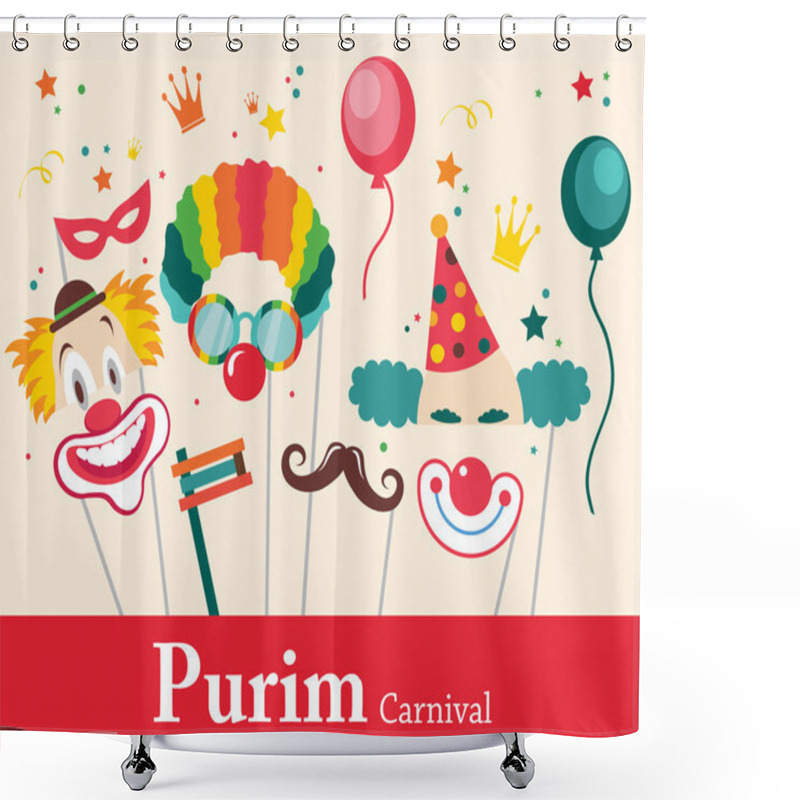 Personality  Design For Jewish Holiday Purim With Masks And Traditional Props. Vector Illustration Shower Curtains