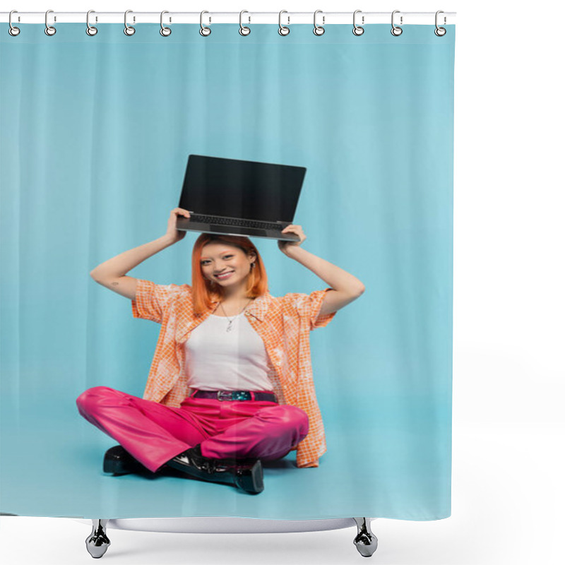 Personality  Happiness, Asian Woman With Cheerful Face And Red Hair Holding Laptop With Blank Screen Over Head While Sitting With Crossed Legs On Blue Background, Tattoo, Young Freelancer, Youth Culture Shower Curtains