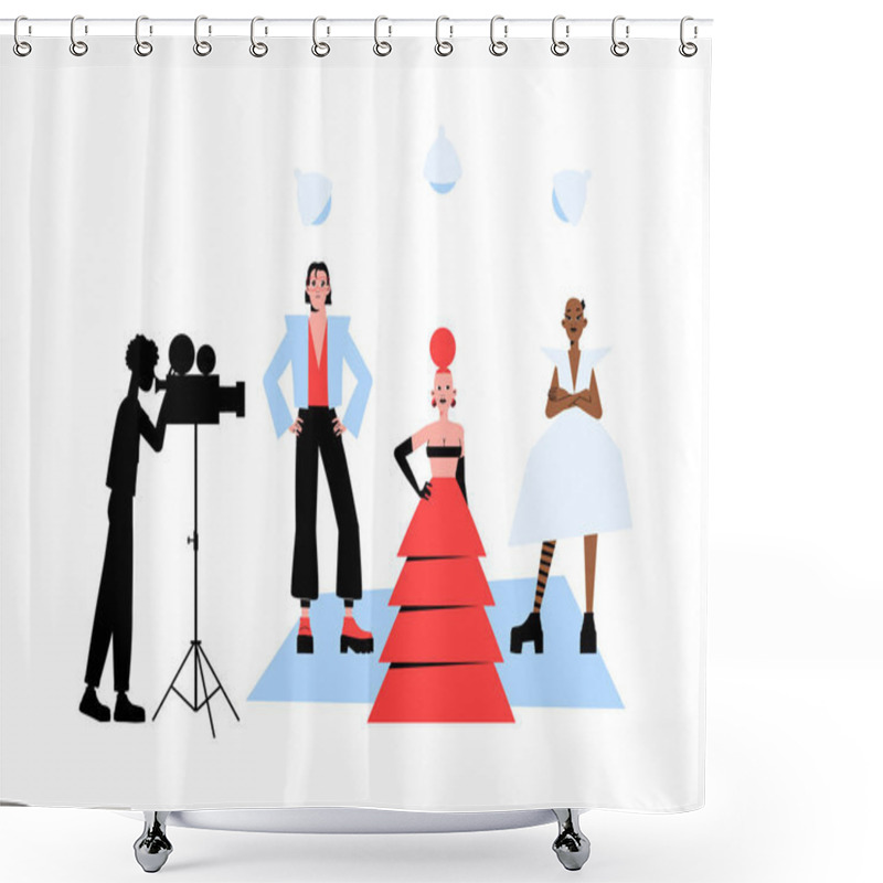 Personality  Fashion Models Pose In A High End Photoshoot With A Photographer Capturing The Scene. Flat Vector Illustration Symbolizing Luxury Fashion, Modeling, And Style. Shower Curtains