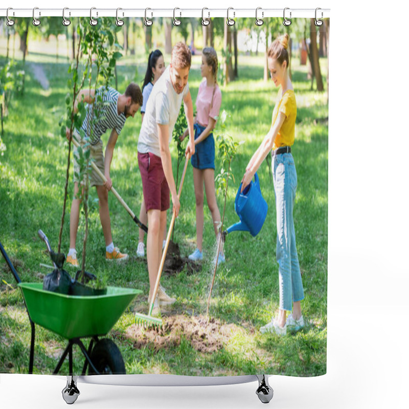 Personality  Young Friends Planting New Trees And Volunteering In Park Shower Curtains