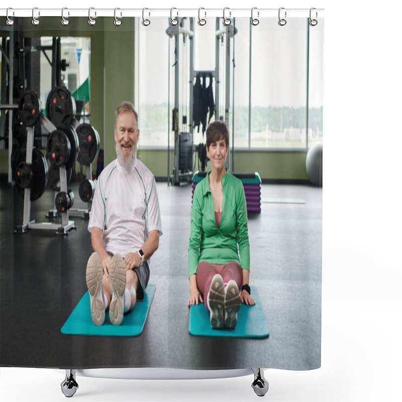 Personality  Happy Elderly Couple Sitting On Fitness Mats And Looking At Camera In Gym, Active Seniors, Lifestyle Shower Curtains