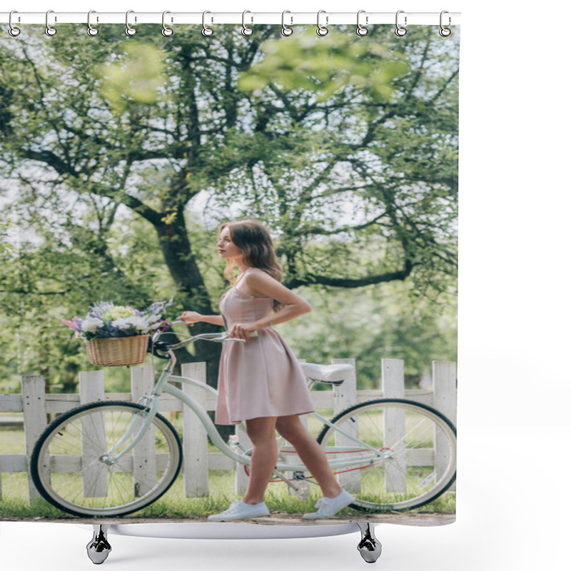 Personality  Side View Of Young Woman In Dress With Retro Bicycle With Wicker Basket Full Of Flowers At Countryside Shower Curtains