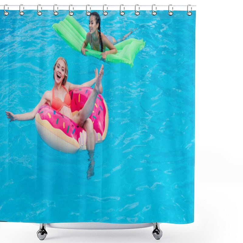 Personality  Multiethnic Women On Inflatable Mattresses In Pool Shower Curtains