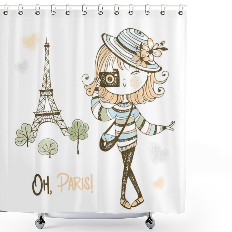 Personality  Cute Girl With A Camera In Paris. Travel. Vector Shower Curtains