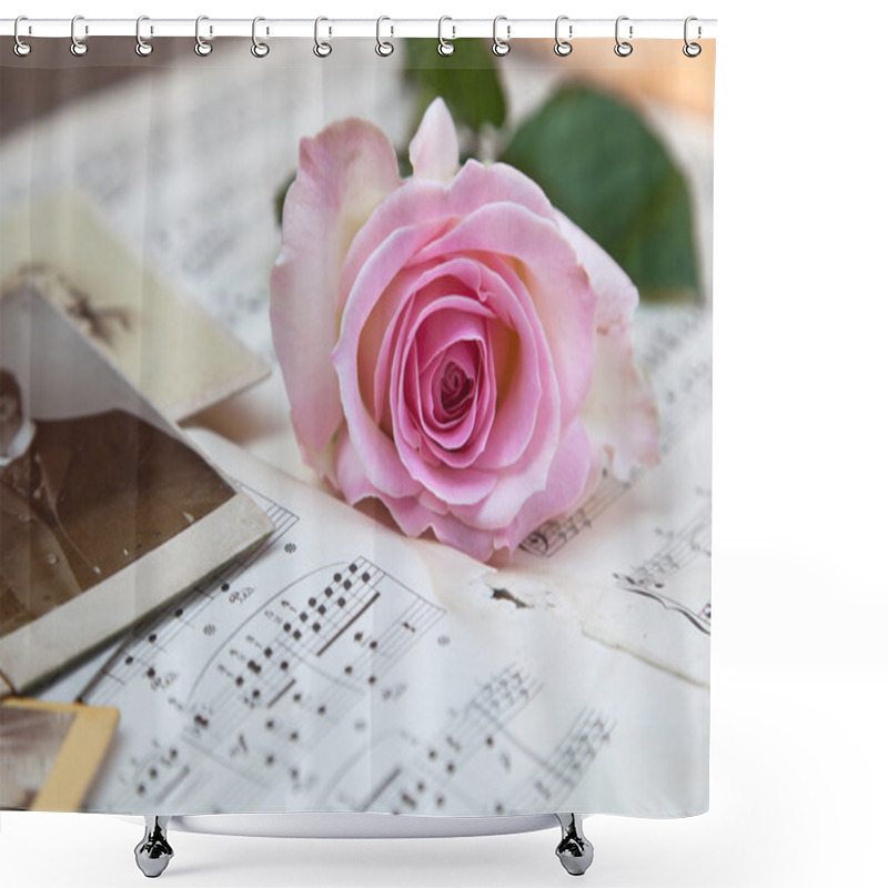 Personality  Picture Of Pink Rose On Old Sheets Of Music Shower Curtains