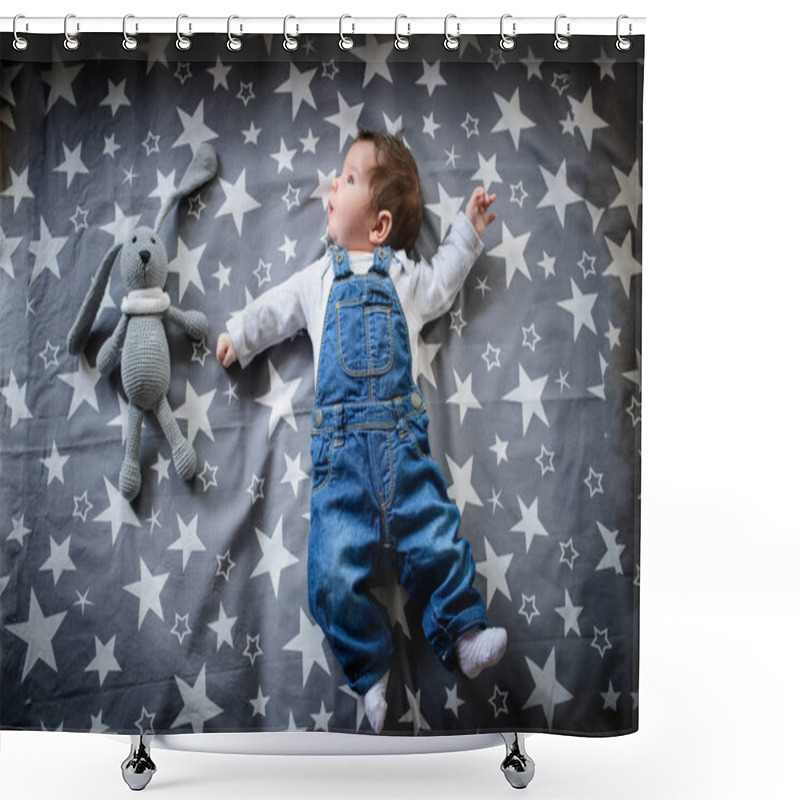 Personality  The Child Lies On A Star Blanket. Cute Newborn Baby Girl Lying In Bed. Owl Child Sleeping On A Blue Blanket With Stars. In Overalls From Jeans. Top View, Flat Lay Shower Curtains