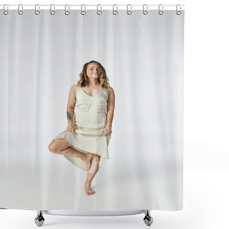 Personality  Young Woman Shows Her Unique Beauty While Standing Elegantly On One Leg In A Light Dress. Shower Curtains