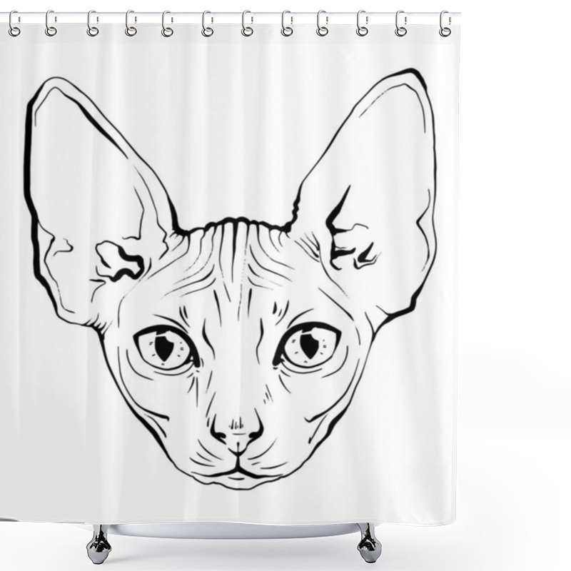 Personality  Vector Drawing Portrait Cat Hand Drawn. Black And White Muzzle Of A Sphinx Cat. Portrait Of A Cat Black And White Graphics Drawn By Ink. Feline Fluffy Portrait Of Purebred Pet On The Background Shower Curtains