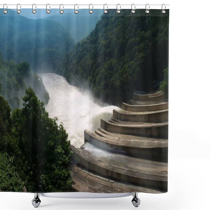 Personality  Water Cascading Over An Old Dam In Nature. Shower Curtains