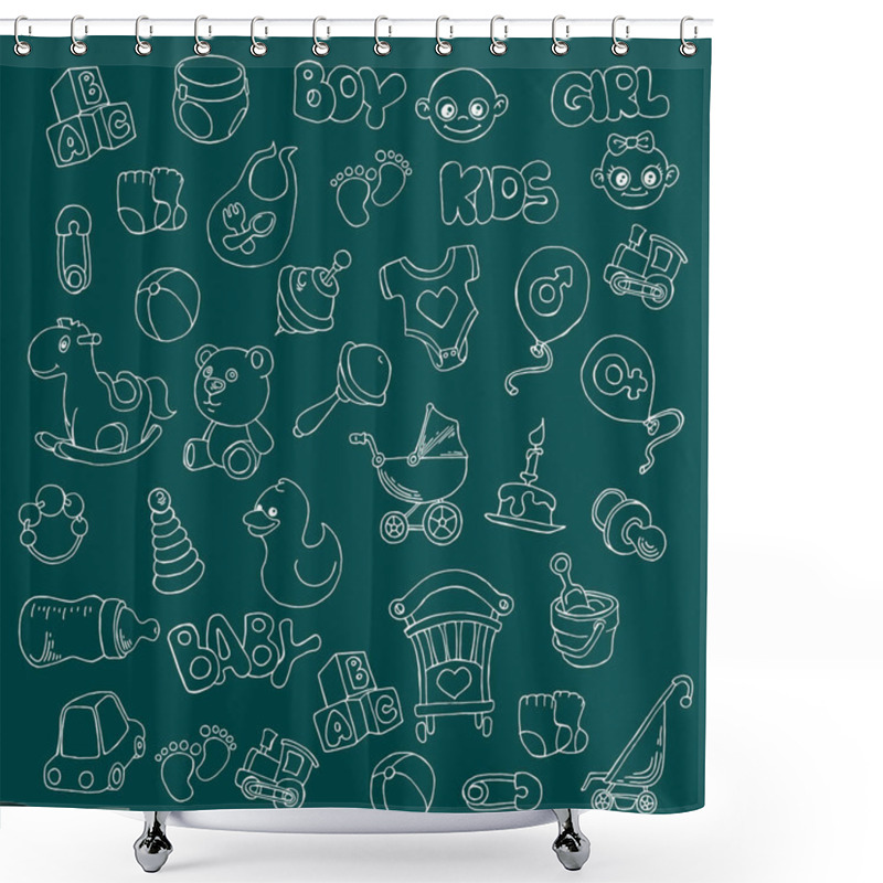 Personality  Vector Hand Drawn Set Of Newborn Baby Care Cartoon Doodle Objects And Items. Shower Curtains