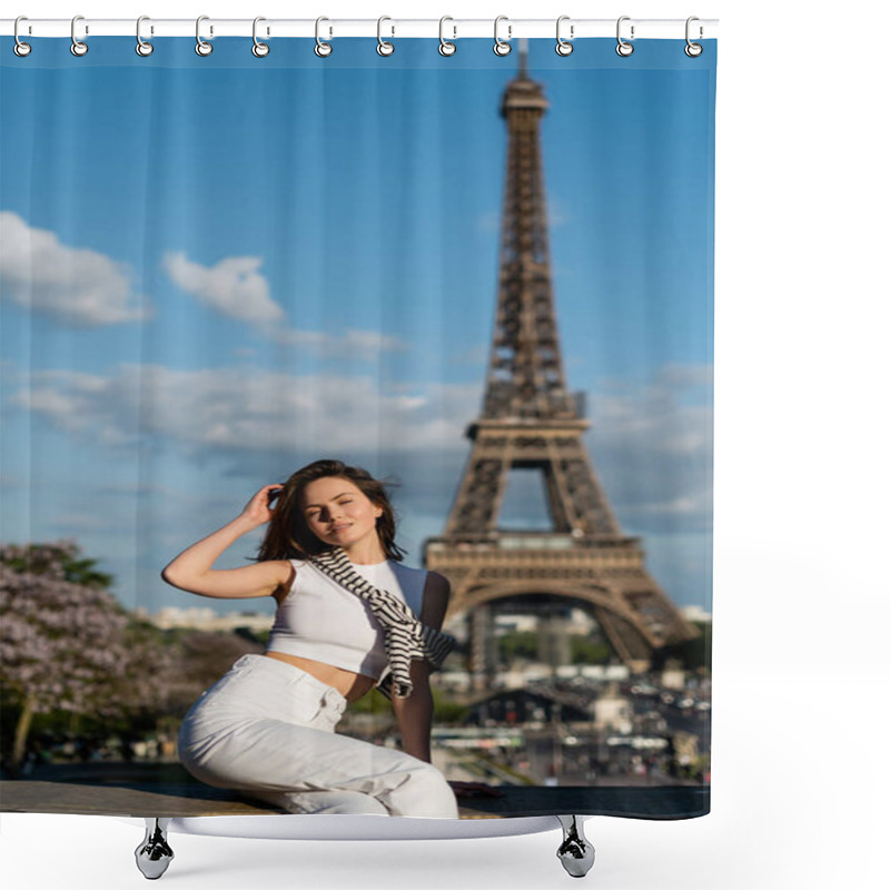 Personality  Pretty Young Woman In Stylish Outfit Sitting Near Eiffel Tower In Paris, France Shower Curtains