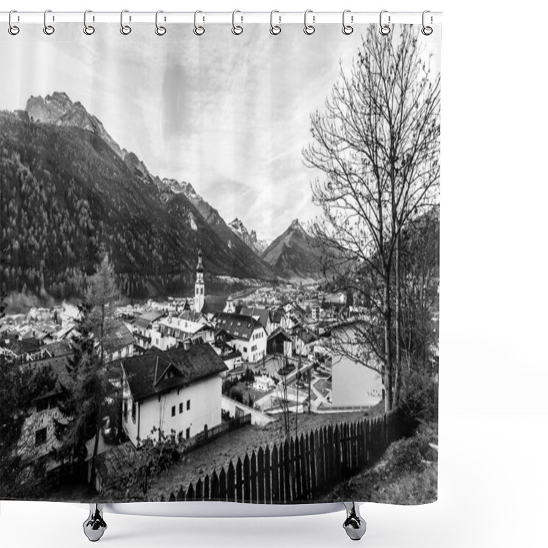 Personality  Black And White View Of Small Town Fulpmes In The Alpine Valley, Tirol, Austria. Shower Curtains