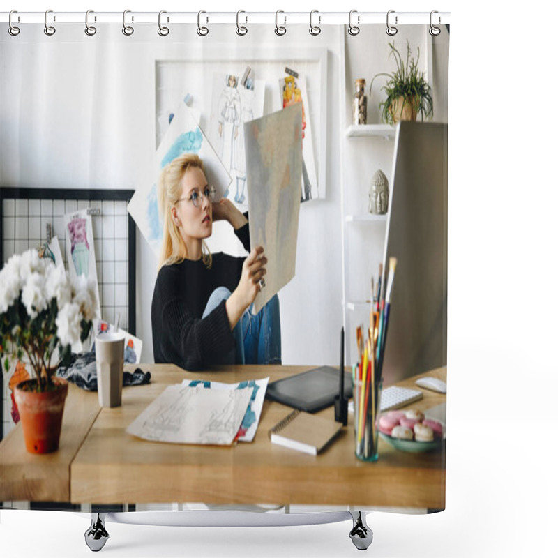 Personality  Designer With Sketches At Workplace Shower Curtains