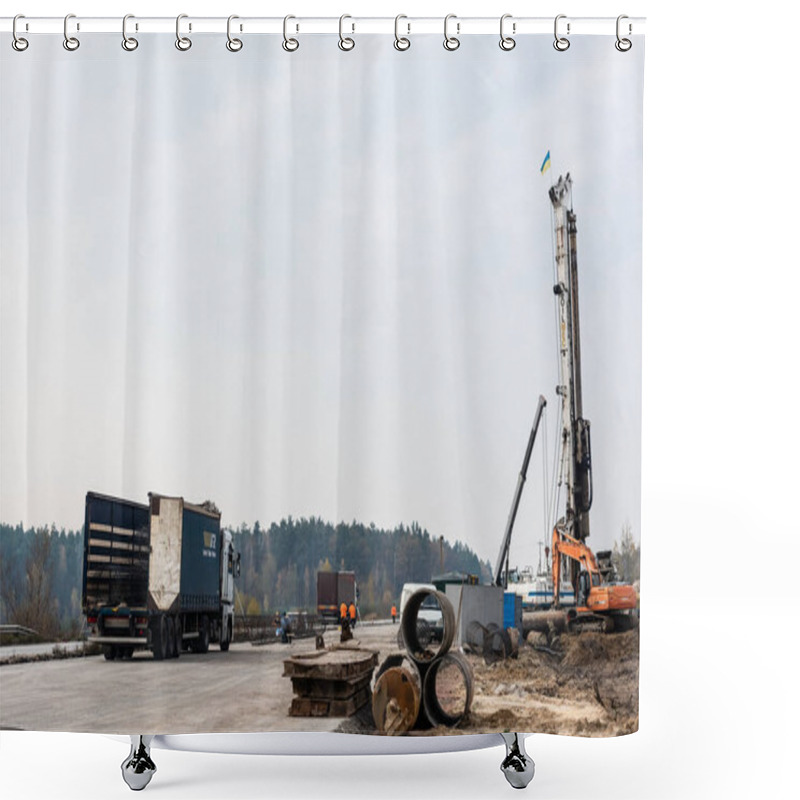 Personality  LVIV, UKRAINE - OCTOBER 23, 2019: Truck Near Cars And Hoisting Crane Against Sky  Shower Curtains