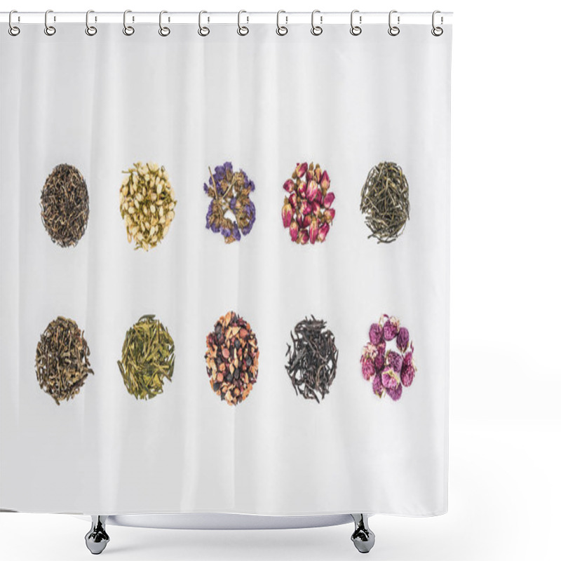 Personality  Circles Of Dried Herbal Organic Tea In Lines Isolated On White Shower Curtains