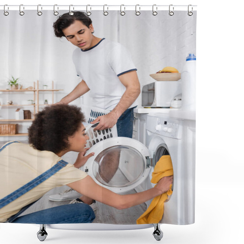 Personality  Curly African American Woman Loading Washing Machine Near Boyfriend With Basket With Dirty Laundry  Shower Curtains