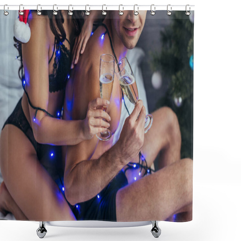 Personality  Cropped View Of Young Couple, Covered With Christmas Garland, Clinking Champagne Glasses Shower Curtains