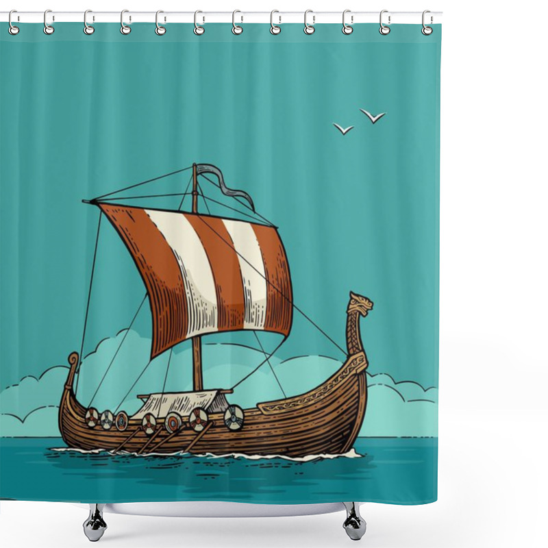 Personality  Drakkar Floating On The Sea Waves Shower Curtains