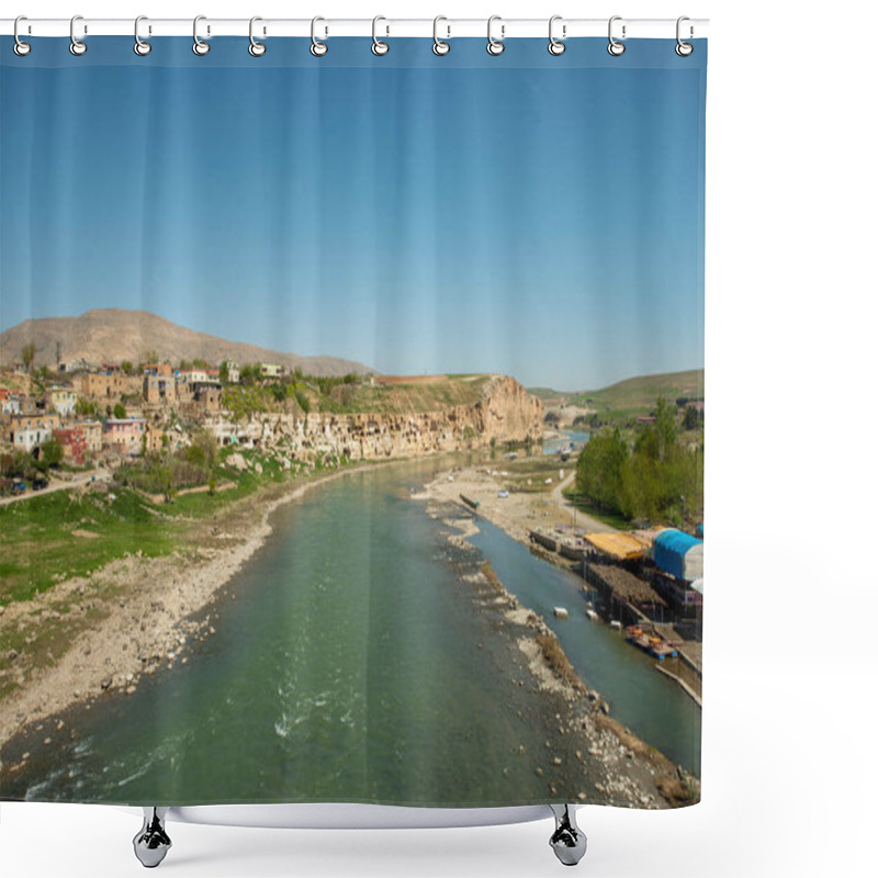 Personality  Waters Of The Tigris River As It Passes Through The City Of Hasankeyf With A Cliff Full Of Caves In An Area Of Mesopotamia Shower Curtains