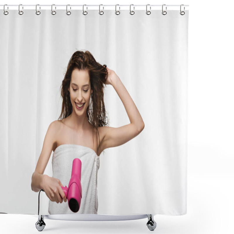 Personality  Happy Girl Drying Long Hair With Hair Dryer Isolated On White Shower Curtains