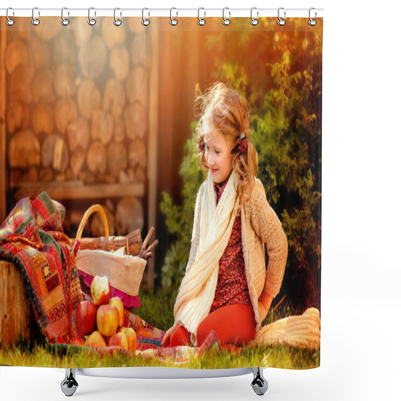 Personality  Happy Child Girl In White Knitted Scarf With Red Apples In Sunny Autumn Garden Shower Curtains