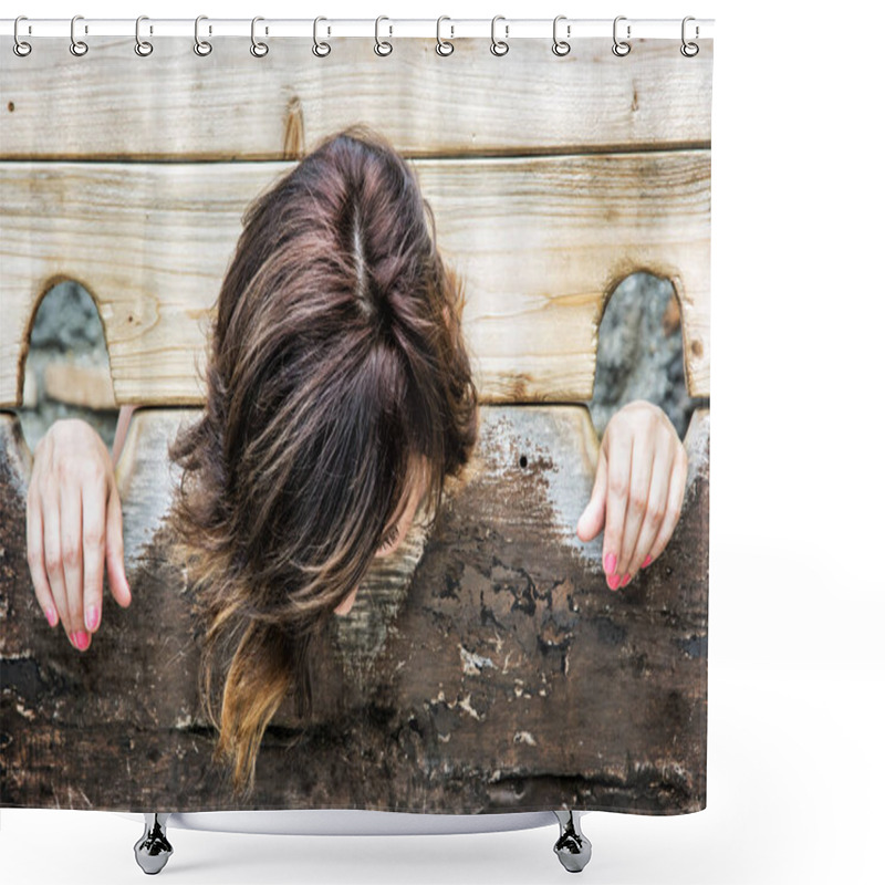 Personality  Young Caucasian Woman In Medieval Pillory, Punishment Device Shower Curtains