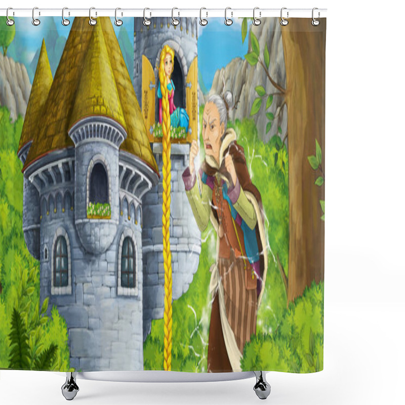 Personality  Cartoon Scene Of A Princess - Girl - Sitting In The Window Near Angry Witch Casting Spell - Illustration For Children Shower Curtains