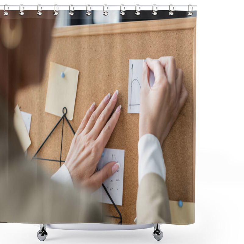 Personality  Cropped View Of Blurred Businesswoman Attaching Paper Note To Corkboard With Pushpin Shower Curtains