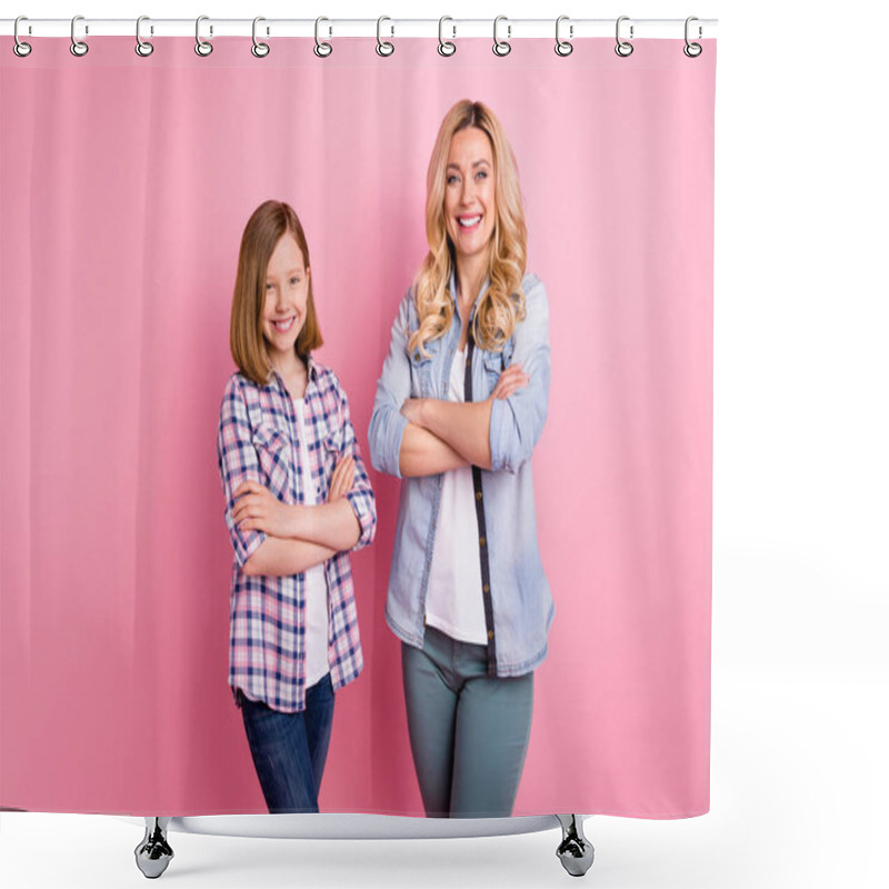 Personality  Portrait Of Nice Cute Charming Mother Daughter Cross Hands Enjoy Decide Work Job Decision Solution Wear Denim Jeans Checkered Plaid Shirt Isolated Over Pastel Color Background Shower Curtains