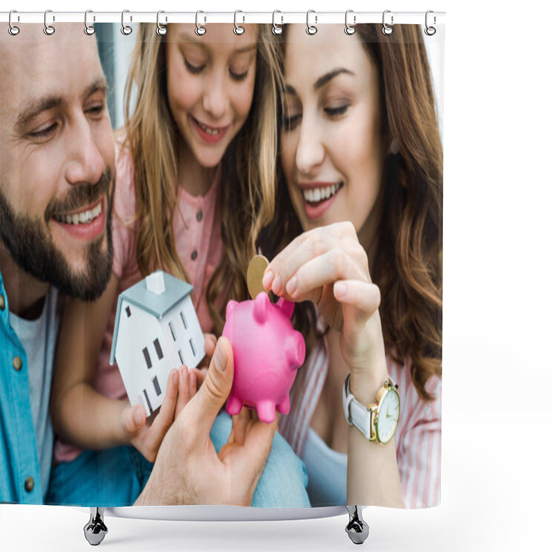 Personality  Selective Focus Of Happy Woman Putting Golden Coin In Piggy Bank Near Husband And Daughter  Shower Curtains