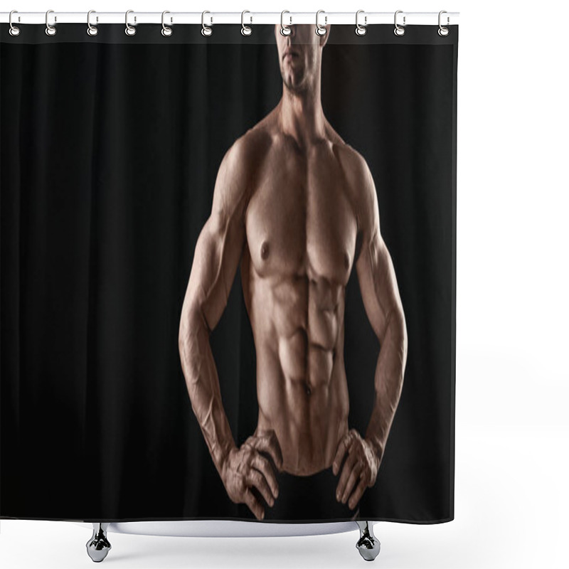 Personality  Unrecognizable Strong Athletic Sexy Muscular Man On Black Background Shower Curtains