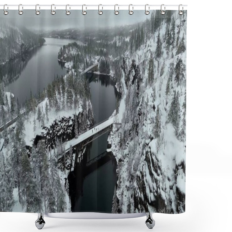 Personality  Aerial View Of A Bridge And River In Northern Norway, Surrounded By Snow-covered Trees And Serene Winter Fairytale Landscapes Shower Curtains