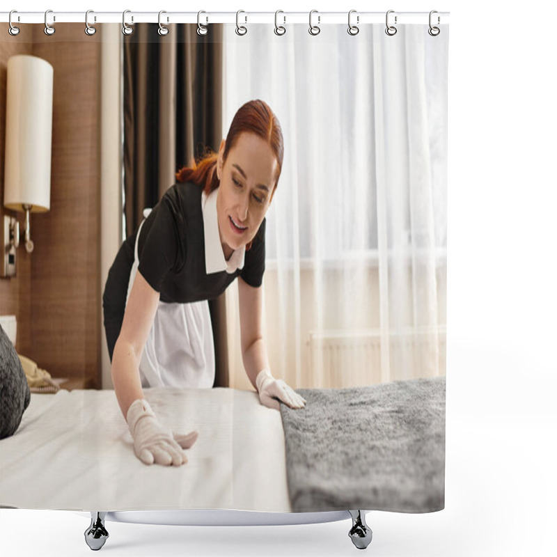 Personality  Young Woman In Uniform Meticulously Prepares A Hotel Room With A Warm Smile And Dedication. Shower Curtains