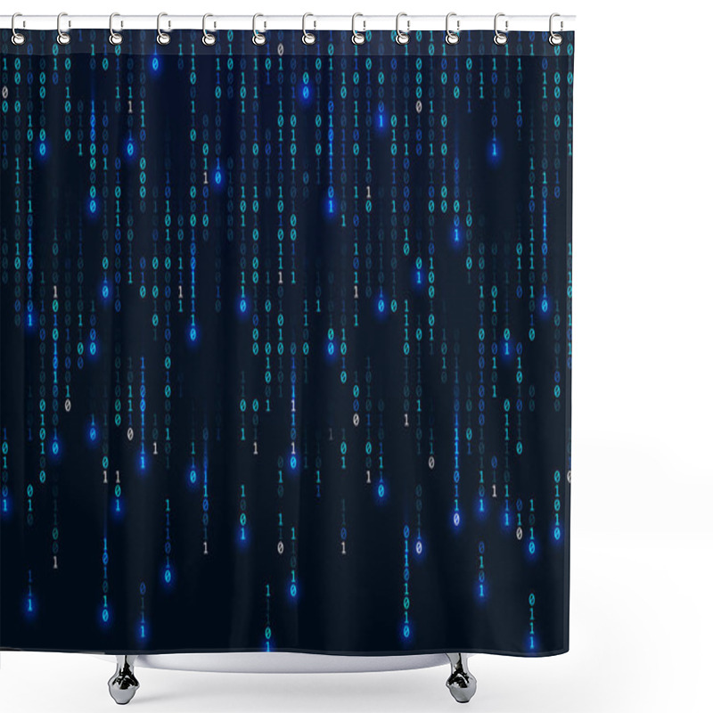 Personality  Binary Background. Matrix Concept. Falling Digits On Dark Backdrop. Running Bright Numbers With Lights. Abstract Binary Code. Blue Futuristic Technology Wallpaper. Vector Illustration. Shower Curtains