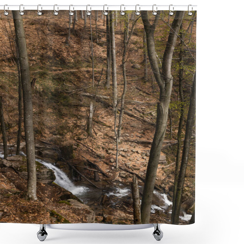 Personality  High Angle View Of Mountain Creek Near Woods In Forest  Shower Curtains