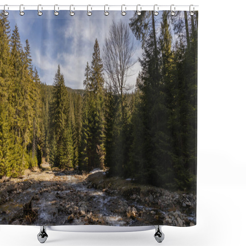 Personality  River With Stones And Evergreen Forest At Daylight  Shower Curtains