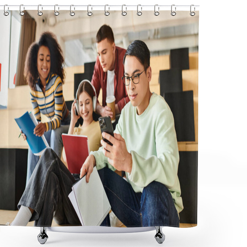 Personality  Multicultural Students Sitting, Eyes Fixed On Cell Phone Screen, Engaged In Digital Content Shower Curtains