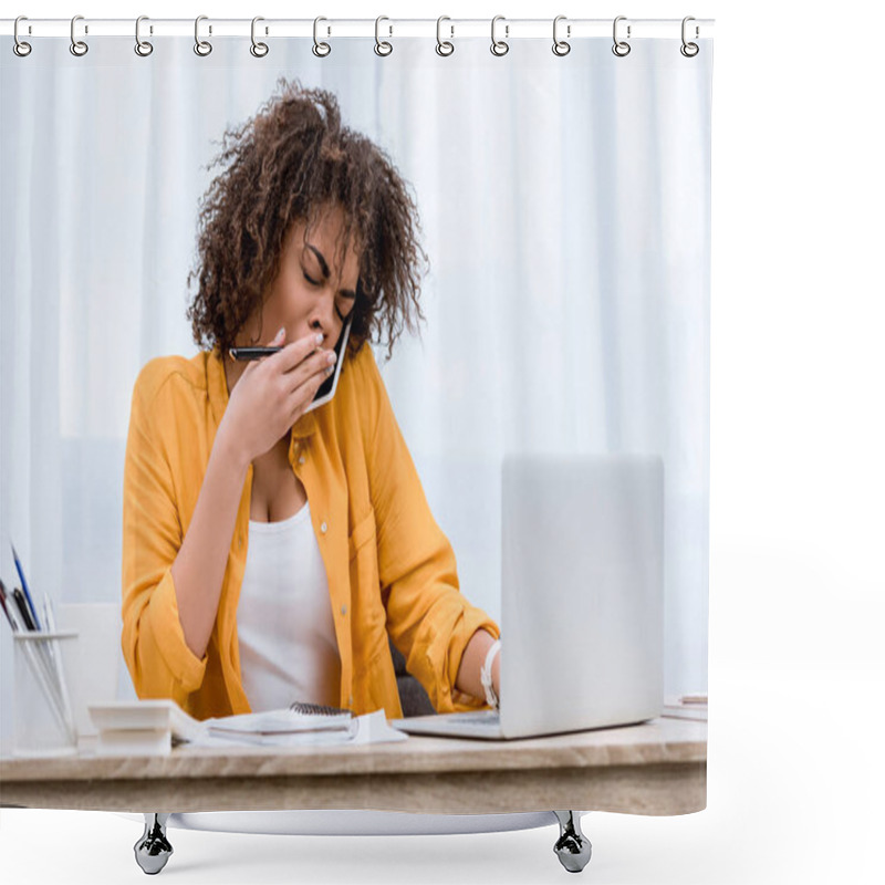 Personality  Exhausted Young Woman Talking By Phone At Workplace And Yawning Shower Curtains